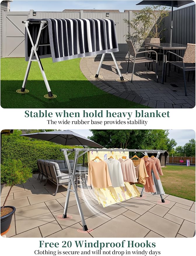 95 Inches Heavy - Duty Stainless Steel Folding Clothes Drying Rack - Indoor/Outdoor Use, Anti-Rust, 20 Windproof Hooks, Portable & Foldable (95'')