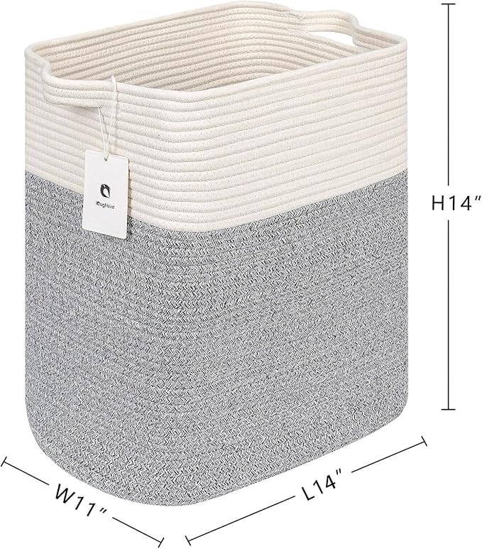 Storage Baskets for Clothes Fabric Cotton Rope Storage Basket with Handles, Decorative Woven Basket for Living Room,Closet Organizer Blankets, and 2bags (Silver Gray, L14×W11×H14)