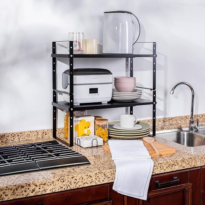 Expandable Cabinet Shelf Organizer Rack, Stackable Kitchen Countertop Organizer Storage Shelves, Adjustable Height Pantry Counter Shelf Riser Spice Rack (Black, 2 Pack)