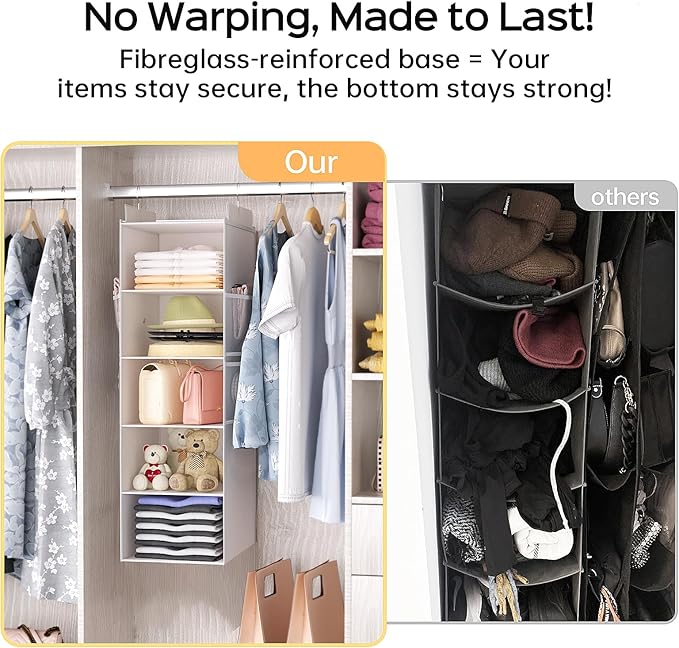 Extra Deep Hanging Closet Organizer with Shelves and Oversized Mesh Pockets, Heavy-Duty Structure, No Deformation, Max Storage for Clothes, Shoes, Hats, Dorms and RVs,1-Pack (White, 5 Tier)