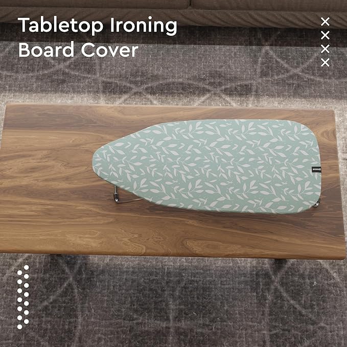 Encasa XO Ironing Board Cover and Pad 28"x12" - Thick 3mm Felt Padding, Drawstring Tightening & Lock, Easy Fit, Scorch & Stain Resistant, Fits Mini Ironing Board - Green Leaflet