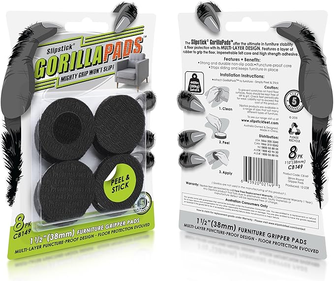 Slipstick GorillaPads CB149 Non-Slip Furniture Pads/Rubber Grippers (Set of 8) Self-Adhesive Furniture Feet Floor Protectors, 1-1/2 inch Round, Black