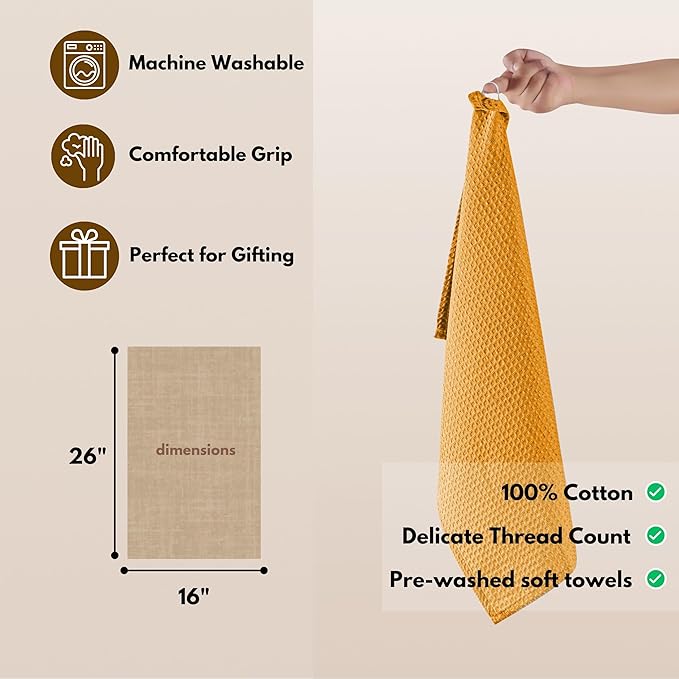 Native Fab Cotton Kitchen Towel with Hanging Loop 16x26 inches, 4-Pack, Waffle Weave Kitchen Towels for Cleaning Drying, Washcloths Soft & Absorbent Cloth Rags, Bar Towel, Dish Cloth, Mustard Yellow