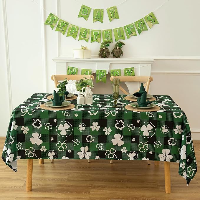 Saint Patricks Day Classic Buffalo Shamrock Tablecloth Fabric - Oblong 58x144 Inch Water Proof Checkered Table Cloth for Indoor Outdoor - Irish-Themed Gifts Table Cover for Holiday, Party