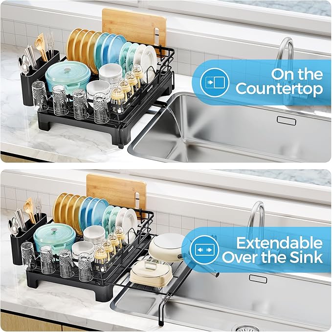Extendable Dish Drying Rack, 2 in 1 Multifunction Dish Rack for Kitchen Counter, Expandable Dish Drainer Over Sink, Large Plate Strainer with Drainboard & Cups Holder