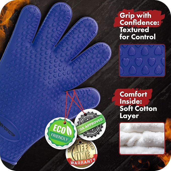 KITCHEN PERFECTION Silicone Smoker Oven Gloves -Extreme Heat Resistant Bbq Gloves -Handle Hot Food Right on Your Smoker Grill Fryer Pit|Waterproof Oven Mitts Grill Gloves |Superior Value Set+3 Bonuses