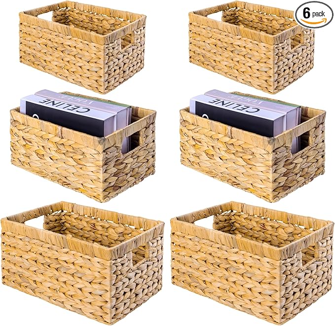 Set of 6 Wicker Storage Basket, Water Hyacinth Storage Baskets, Wicker Storage Baskets for Shelves (Combo 2 Sets SML)