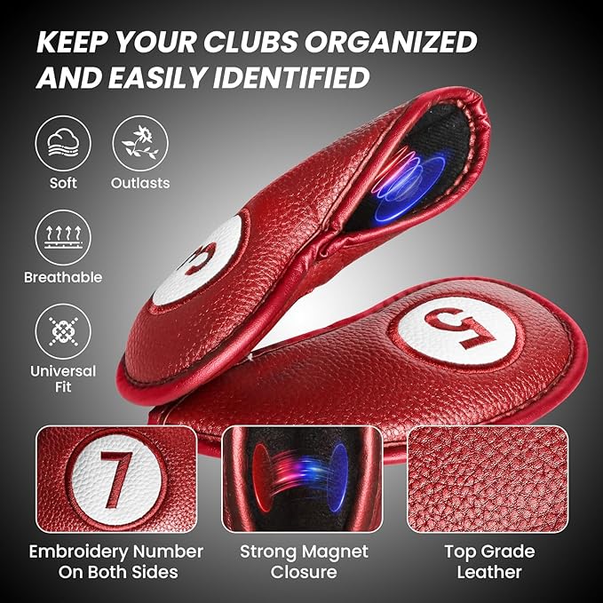 FINGER TEN Golf Club Covers for Irons Magnetic Value 11 Pack, Synthetic Leather Deluxe Head Cover Set Headcovers for Irons Fit Main Iron Clubs