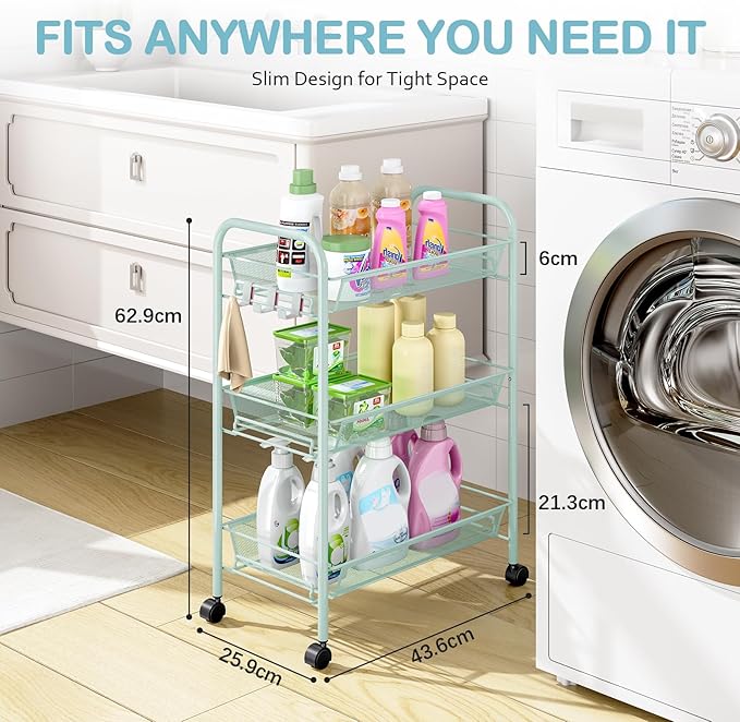 TOOLF 3-Tier Metal Rolling Cart, Mesh Wire Easy Assemble Utility Cart, Storage Trolley on Wheels with 3 Hooks, MetalStorage Shelving Units for Kitchen Bathroom Laundry Room