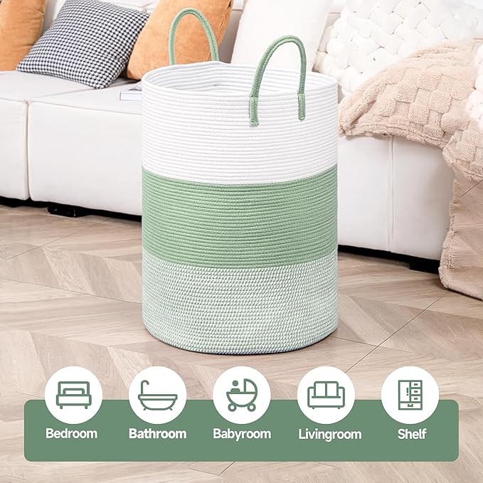 CLHMILY&Z 100L Laundry Basket Round Storage Rope Basket - 18.1x24 Inches - Green Hamper in Bedreoom and Cute Storage Bin for Blankets, Toys, and Nursery Essentials