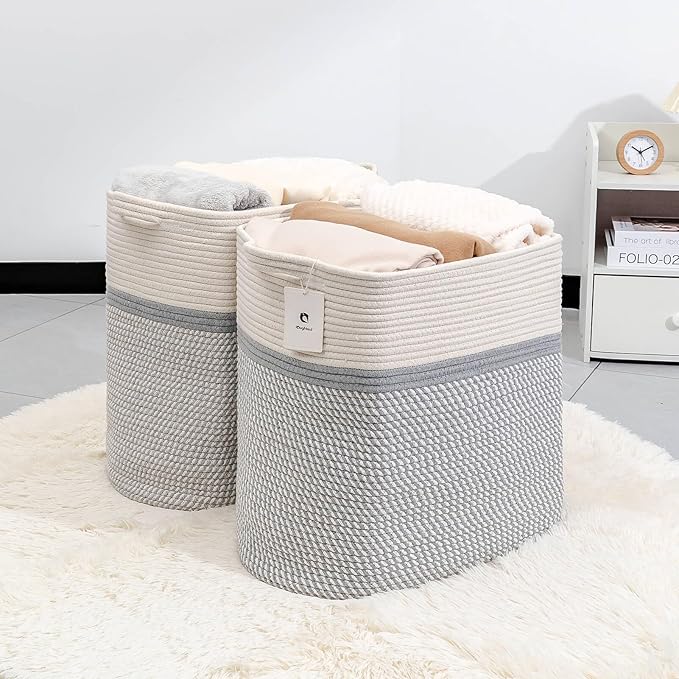 Storage Baskets for Clothes Fabric Cotton Rope Storage Basket with Handles, Decorative Woven Basket for Living Room,Closet Organizer Blankets, and 2bags (White/Gray, L17.8×W12.5×H17.9)