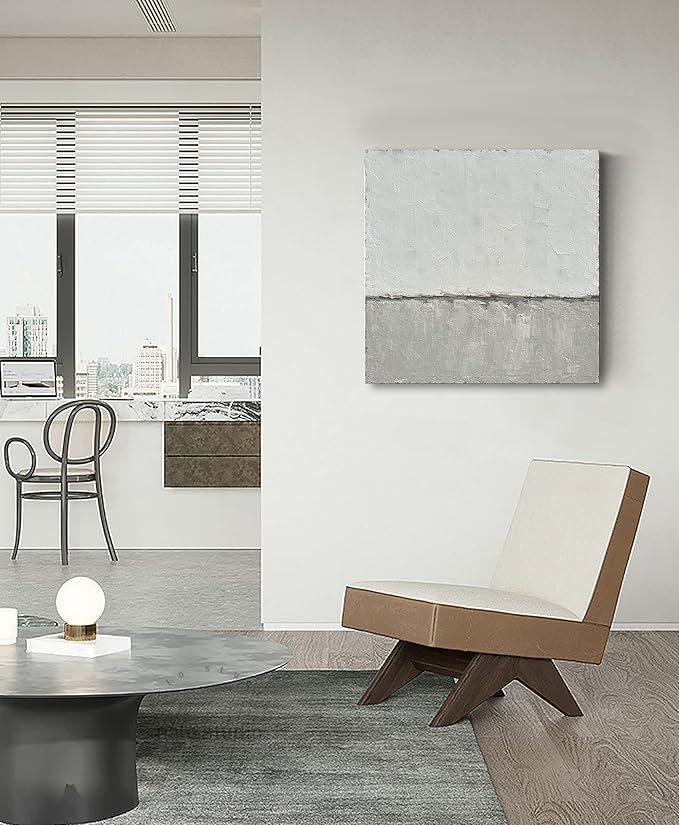 NANKAI art Hand-painted abstract canvas wall art featuring a minimalist design in gray White acrylic painting Original modern home decoration art Can be hung directly on the wall. 24x24 inches