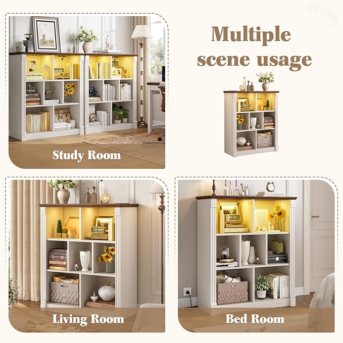 EnHomee 7 Cube Storage Organizer with LED Light and Charging Station Wood Cube Shelf White Bookshelf for Bedroom Living Room,Office,White