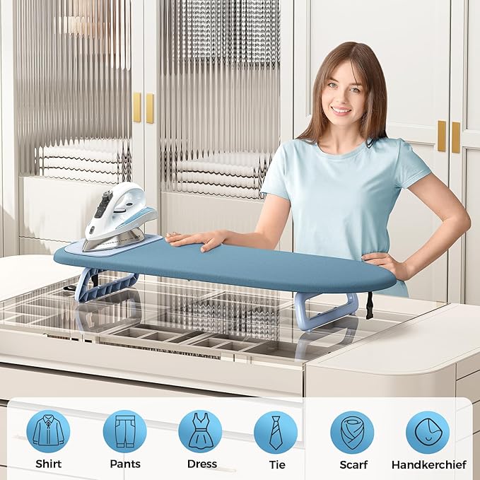 KINGBOARD Tabletop Ironing Board, Small Ironing Board with Iron Mat, Foldable Mini Iron Board, Easy Storage for Travel & Dorm, 12x32 Blue