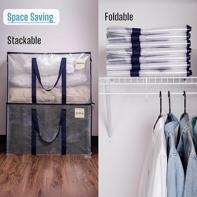 VENO 2 Pack Moving and Storage Bags, Heavy Duty, Alternative to Moving Boxes, Large Packing Totes Supplies for College Dorm Room with Zipper for Clothes, Wide Open Design (Clear, 2 Pack)