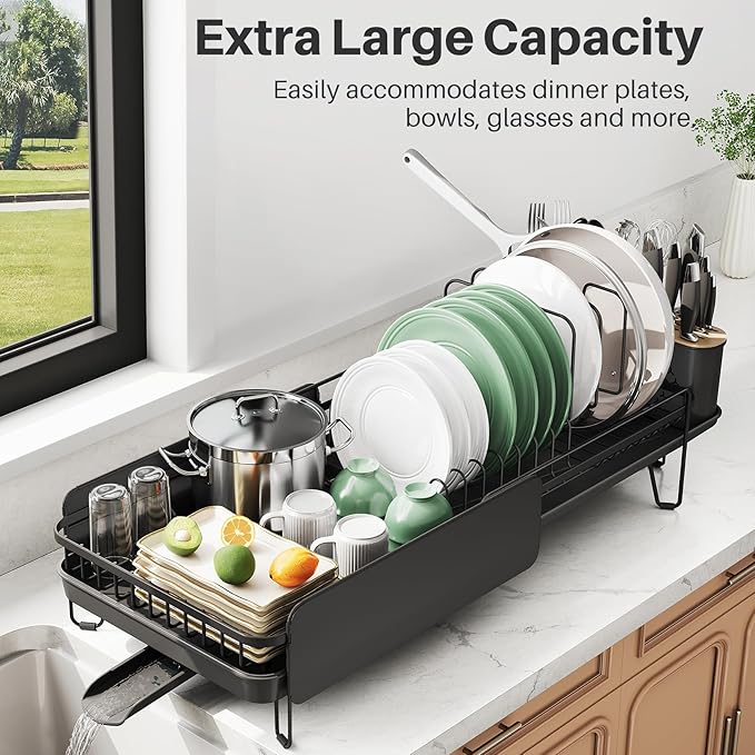Large Dish Drying Rack - Expandable (19.3" to 29.4") Dish Rack for Kitchen Counter, Stainless Steel Dish Drainer with Utensil Holder, Pan Holder & Pot Lid Holder, Black