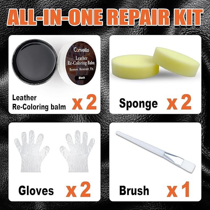 Black Leather Repair Kit, Black Leather Recoloring Balm, Leather Dye - Restore & Renew Scratch, Faded and Aged Leather & Vinyl Couches, Boots, Car Seats or Leather Furniture