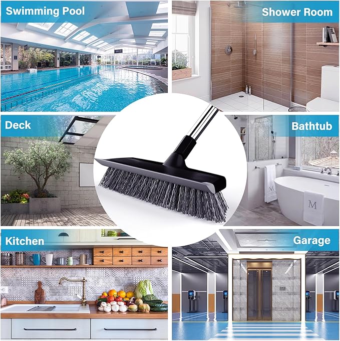 ITTAR Scrub Brush with Long Handle, 10" Wide Stiff Bristles Deck Brush, Heavy-Duty Floor Cleaning Brush, 2-in-1 Scrubber Squeegee Broom for Cleaning Patio, Pool, Kitchen, Garage, Bathroom Floor-Black
