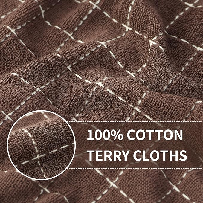 Homaxy 100% Cotton Terry Kitchen Towels(Brown, 13 x 28 inches), Checkered Designed, Soft and Super Absorbent Dish Towels, 4 Pack