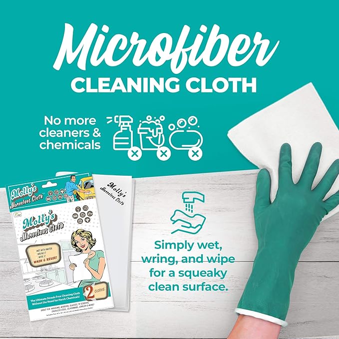 Molly's Marvelous Cloth, Streak-Free, Lint-Free Microfiber Cleaning Cloth, Polishing Cloth for Glass, Stainless Steel, Use for Kitchen, Bath, Cars, Detailing, Reusable(17" by 16") (2pk, White)