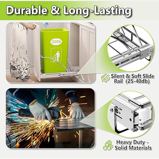 Pull Out Trash Can Slide Rail Under Cabinet 7-13 Gallon 50 Qt Under Sink Trash Can Pull Out Trash Can for Kitchen Cabinets Slide Out Garbage Bin Under Counter, No Can Include (Silver)