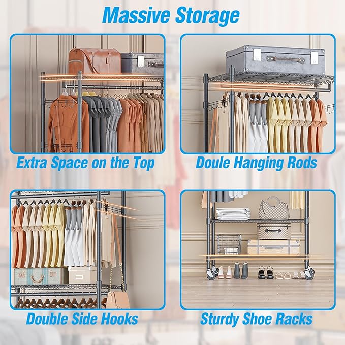 Homdox Garment Rack Heavy Duty, 3 Tier Rolling Clothing Racks for Hanging Clothes, Metal Wardrobe Closet, Free-Standing Clothes Organizer Rack with Double Rods & Side hooks, Gray