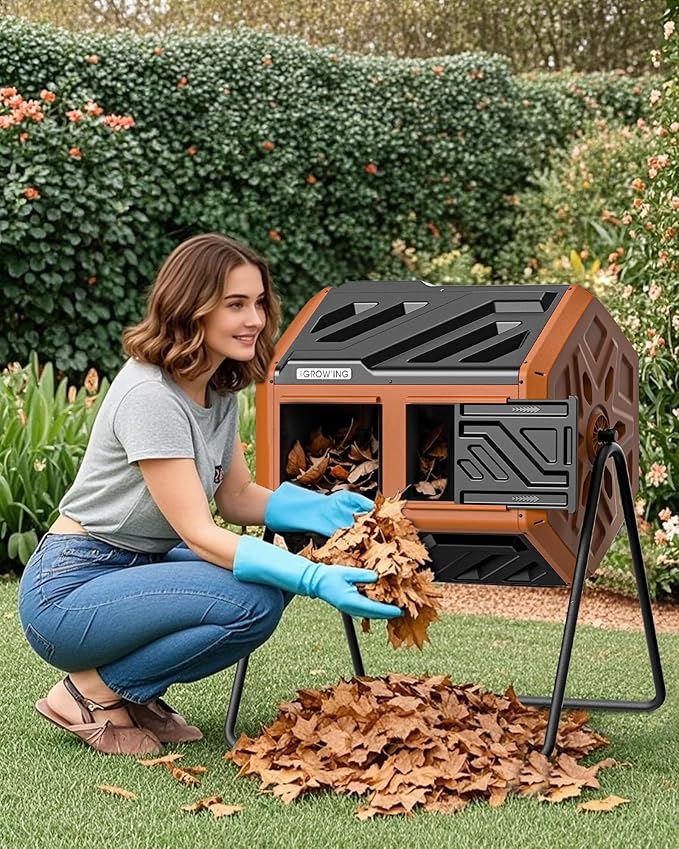 THEGROW'ING Updated 43 Gallon Outdoor Compost Bin. with Thermometer, Fast to Assemble. Tumbling Design, Dual Chambers. Rotating Function, Ideal for Outside, Backyard, Garden, Yard. Orange.