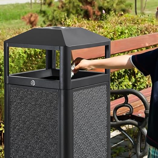 Square Waste Container with Dome Lid | Commercial Outdoor Garbage and Trash Container, Black, 15 Gallon