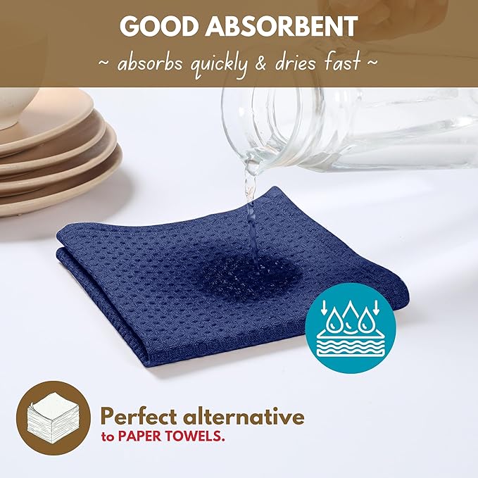 Native Fab Waffle Kitchen Towels 4 Pack - Super Absorbent 100% Cotton Dish Towel for Cleaning, Drying, Cooking - Durable, Soft Kitchen Essentials for Home Use, 16x26 inches - Ink Blue