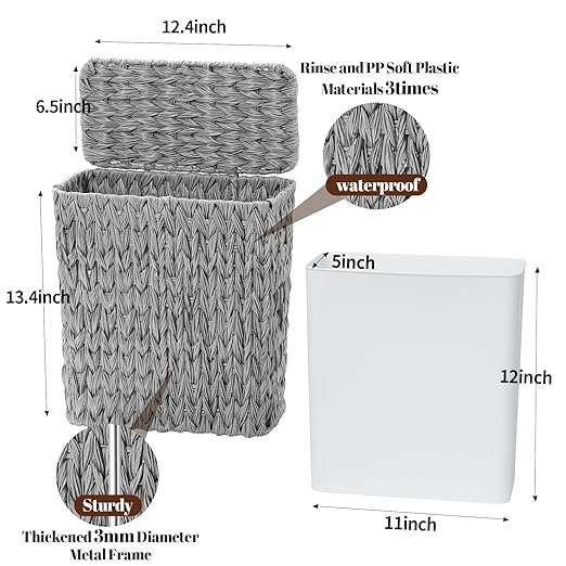 3 Gallon Wicker Trash Can,Grey Bathroom Trash Cans with Lid,Waterproof Slim Waste Basket for Bedroom,Home Office,Narrow Garbage Can with Removable Liner