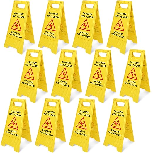 Macarrie 12 Pack Caution Wet Floor Sign Wet Floor Double Sided Cuidado Piso Mojado Foldable Bilingual Alert Sign for Commercial Use Indoors Outdoors, 11.5 x 23.62 Inches(Classic Style)