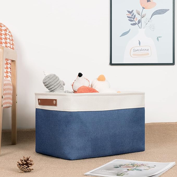 DULLEMELO Fabric Storage Basket for Closets,15x11x9.5 inch Foldable Storage Basket Bin with Handles for Office, Closet,Bedroom (White&Blue,1 Pack)