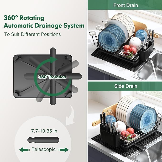 JASIWAY Stainless Steel Black Dish Drainers Drying Rack for Kitchen Counter with Drainboard, Rust Proof Metal, Space Saving, Modern Aesthetic, Compact Plates Dryer Strainers with Tray and Extra Mat