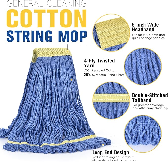 Matthew Cleaning Commercial Mop Head Replacement, 5 Inch Wide Headband, Looped End Cotton Blend String Wet Mops for Floor Cleaning, 24 oz Large, 6-Pack Blue