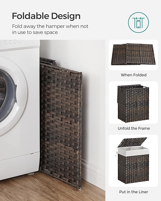 SONGMICS Laundry Hamper with Lid, 90L Clothes Hamper with 2 Removable Liner Bags, 6 Mesh Bags, Wicker Laundry Basket, Double Laundry Hamper for Bathroom, 13 x 18.1 x 23.6 Inches, Brown ULCB251K01V1