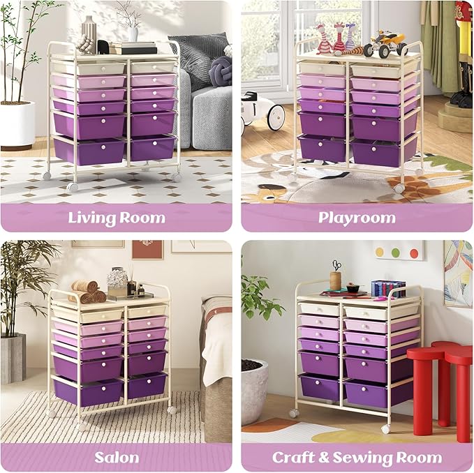 GOFLAME 12-Drawer Rolling Storage Cart, Multipurpose Organizer Cart with 2 Sizes Plastic Drawers, Mobile Utility Cart with Lockable Casters for School, Home Office, Beauty Salon, Purple Gradient