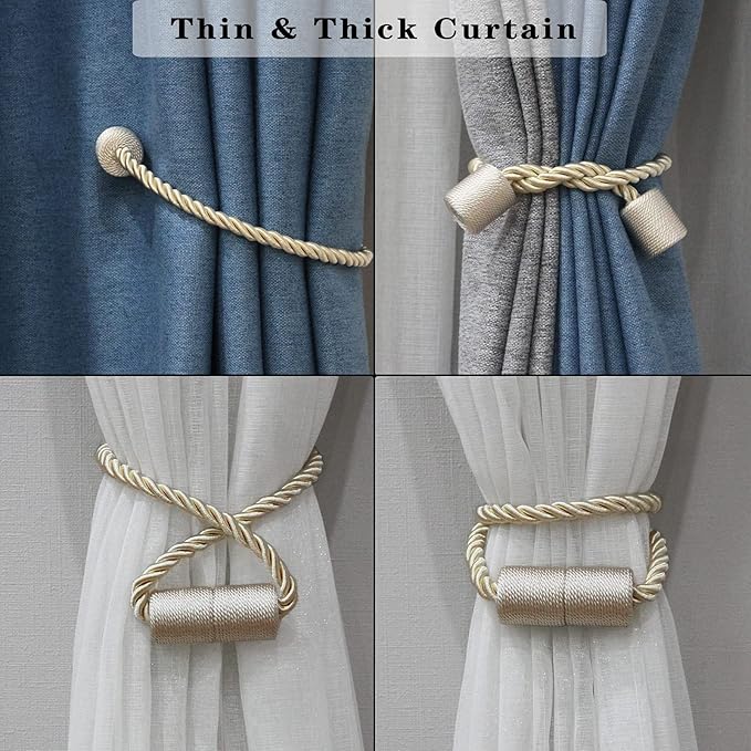 6 Pack Beige Strong Magnetic Curtain Tiebacks Outdoor Elegant Decorative Tie Backs Modern Rope Tiebacks for Drapes Window Curtain Holdbacks for Draperies