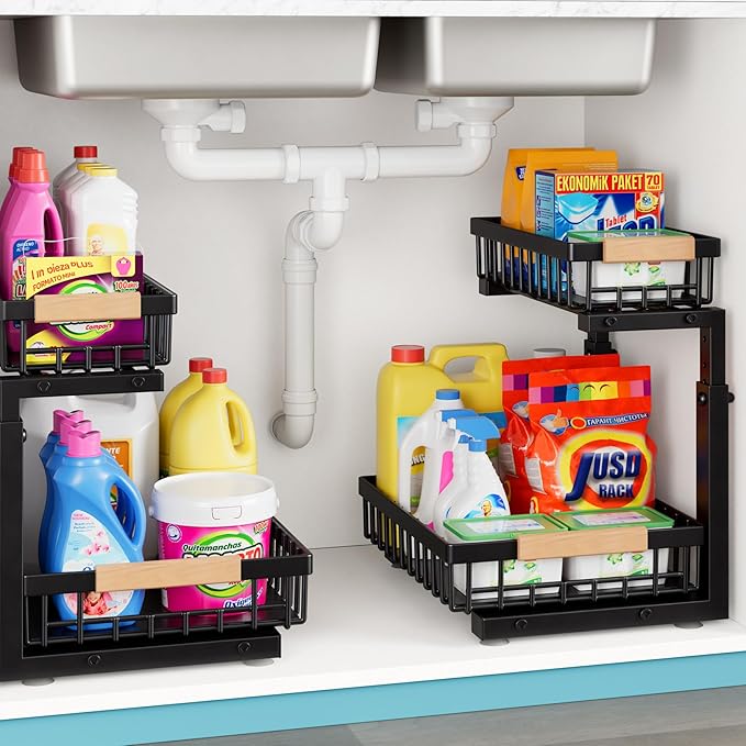 1 Packs 2 Tier Under Sink Organizers, Sliding Pull Out Cabinet Organizer Storage Shelf, Metal Drawer for Kitchen, Bathroom, Pantry Closet Organization Rack,Black