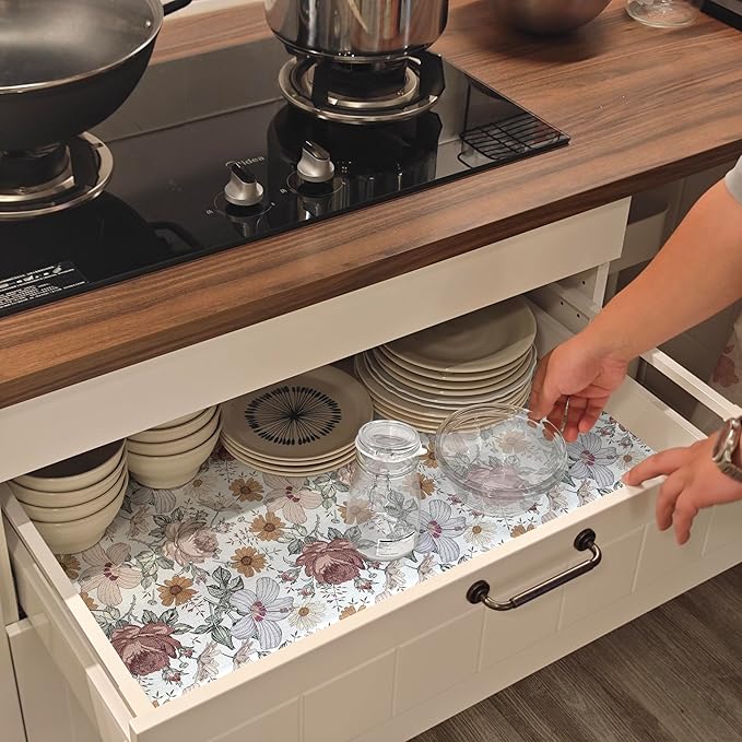 Floral Drawer Shelf Liners, 16IN x 10FT Non Adhesive and Strong Non-Slip Cabinet Drawer Shelf Liners for Kitchen Wire Fridge, Waterproof Shelf Liner,Easy to Clean
