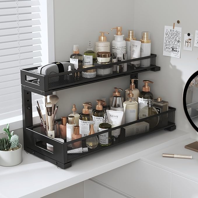 1 Pack 19IN Depth Under Sink Storage Organizer, Large 2-Tier Elegant Mesh Pull Out Shelf for Kitchen and Bathroom Cabinet Organization, L-Shaped and Adjustable Height Design-Black