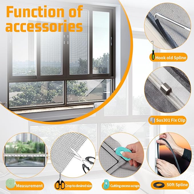 Window Screen Replacement,Screen Door Repair Kit, 48"x178" Black Window Screen Mesh,Including 50 FT Splines+Hooks+2 Rollers+8 Clips+Scissors+Knife+Tape Measure,Fully Equipped Window Screen Repair Kit