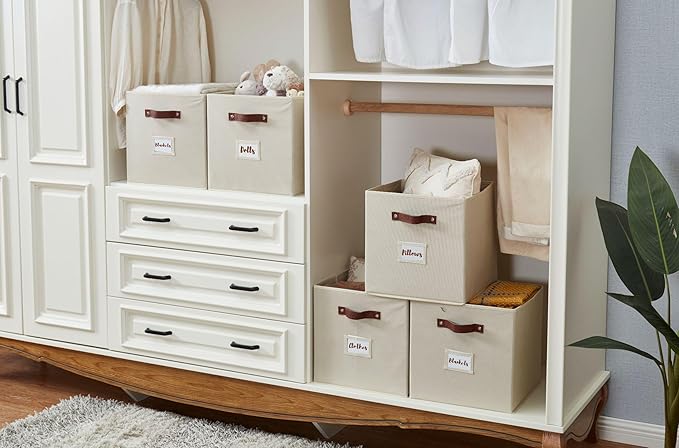 DECOMOMO Storage Bins, Cube Storage Bin with Labels, Fabric Storage Cubes for Shelves (10.5" x 11" / 6pcs, Beige)