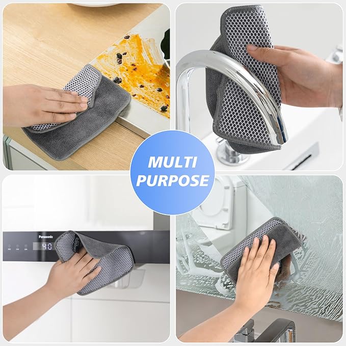 KinHwa Kitchen Washcloths for Dishes Absorbent Microfiber Dish Cloths Quick Dry Dish Rags with Poly Scour Scrub Side Ideal for Kitchen Cleaning (Gray, 7inchx7inch 9 Pack)