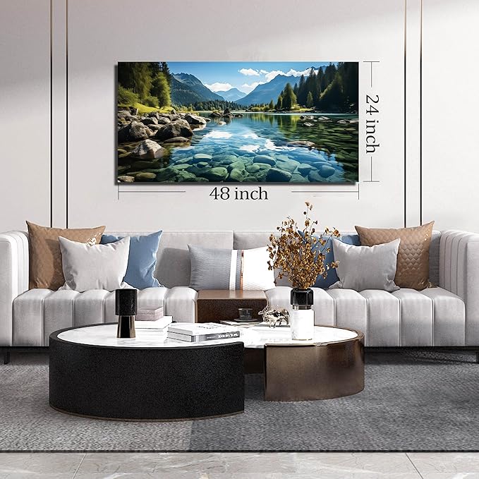 GUGIKA Landscape Wall Art for Living Room, Mountain and Lake Wall-Decor for Bedroom, Natural Scenery Canvas Prints Pictures for Hallway Office, Size 48 x 24 Inches
