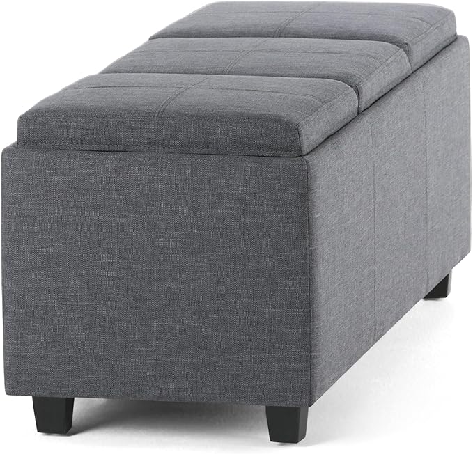 SIMPLIHOME Avalon 42 Inch Wide Contemporary Rectangle Storage Ottoman in Slate Grey Linen Look Fabric, Assembled, For the Living Room, Entryway and Family Room