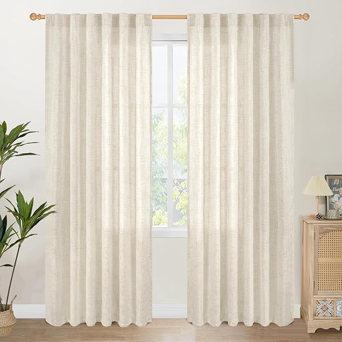 YoungsTex Linen Curtains 80 Inch Length for Living Room, Light Filtering Semi Sheer Drapes with Back Tab Rod Pocket for Bedroom Farmhouse Cream Textured Window Treatments, 2 Panels, 52 X 80 Inch