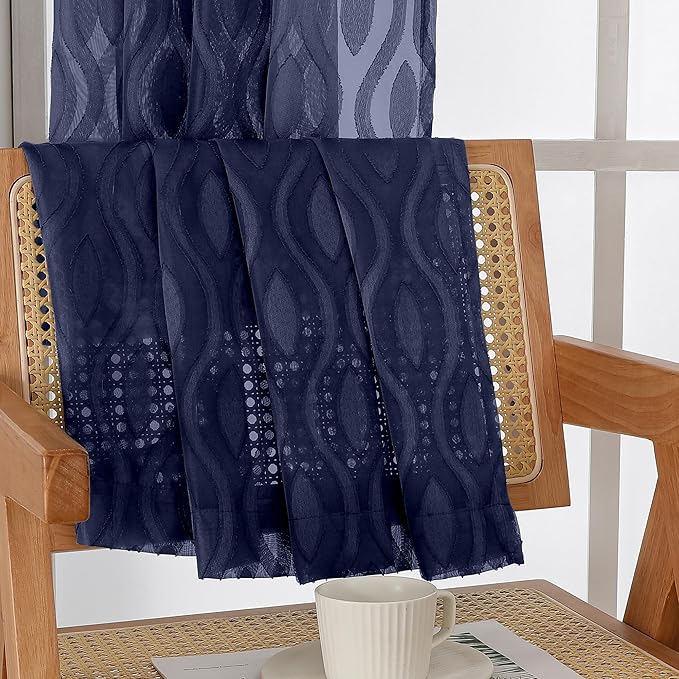 Aiyufeng Blue Sheer Curtains 54 Inch Length 2 Panels, Soft Lightweight Clip Jacquard Textured Sheer Curtain Panels, Modern Wavy Line Voile Sheer Curtains for Bedroom Living Room, 40" Wx54 L Inches