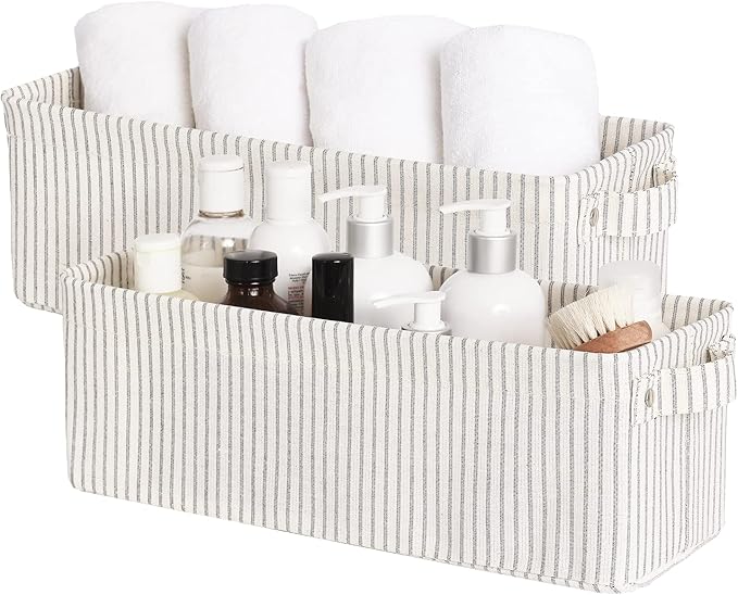 StorageWorks Narrow Storage Bins, Small Basket for Closet and Shelves, Fabric Organizer with Handles, Toilet Paper Storage, Khaki and Beige Stripes, 2-Pack
