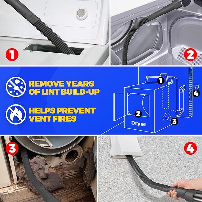 Holikme 2 Pieces Dryer Vent Cleaner Kit, Dryer Lint Vacuum Attachment and Flexible Dryer Lint Brush, Dryer Vent Vacuum Hose Attachment,Black