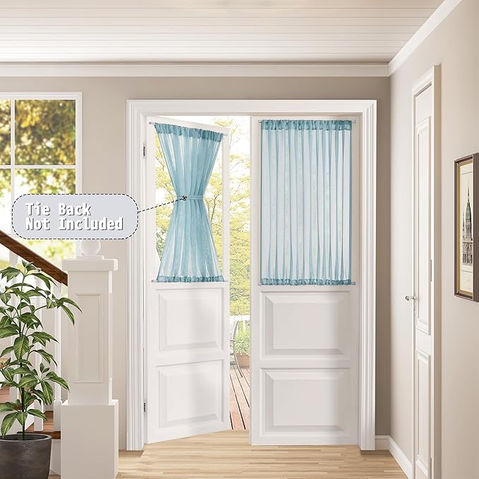 Tollpiz Short Sheer Door Curtains Closet Linen Textured Curtains Sheer Doorway Light Filtering Voile Patio Door Rod Pocket Curtain French Door, 54 x 40 inches Long, Dusty Blue, Set of 1 Panel